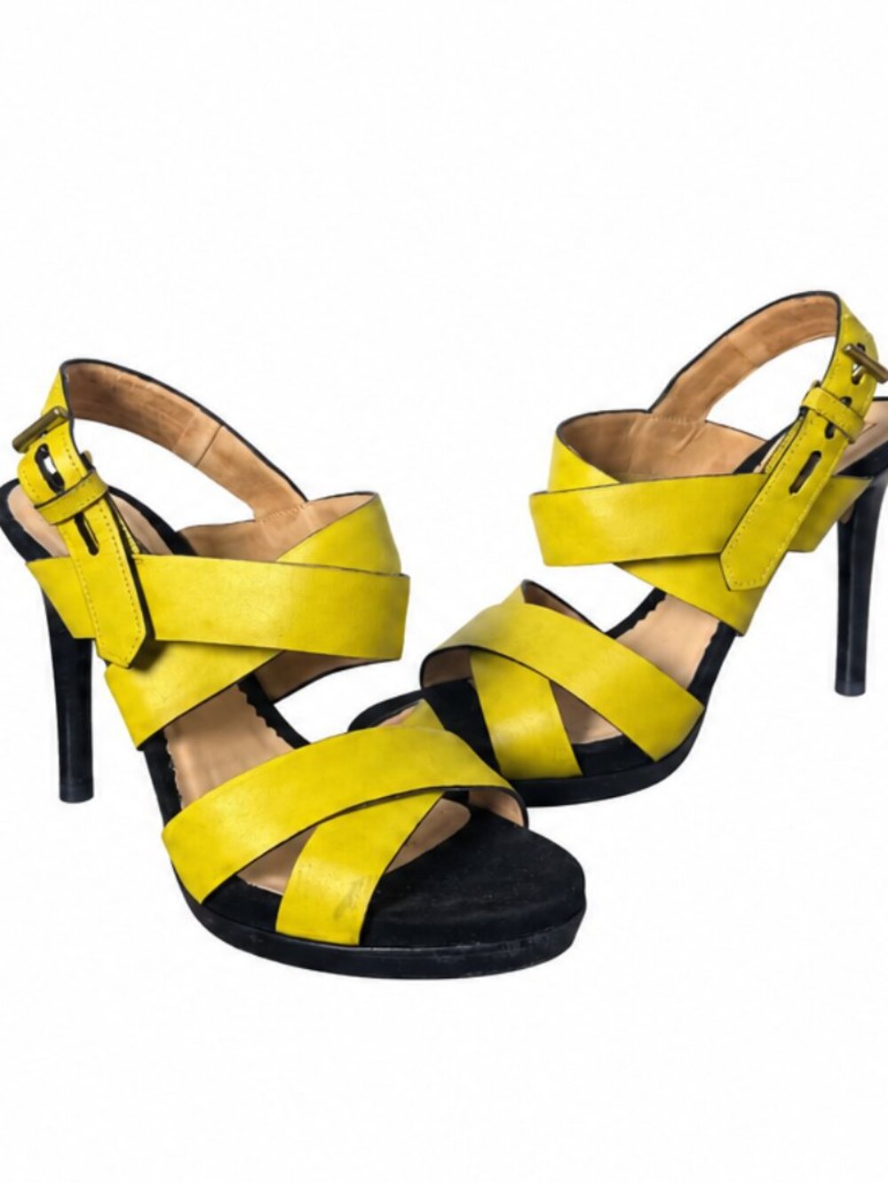 Reed Krakoff Yellow Black Leather Heels Women 38.5 Strappy Platform Sandals
